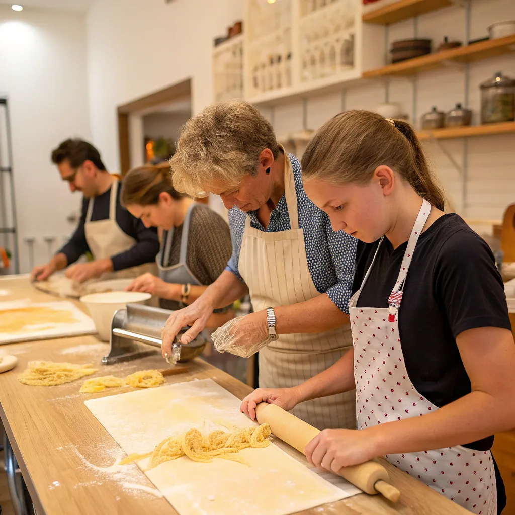 Instructors and students at pasta making class